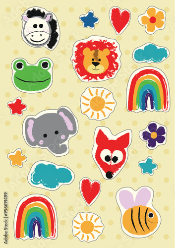 kids watercolor animal stickers. lion, zebra, elephant, frog, bee, stars, flowers, heart, rainbow, sun, clouds