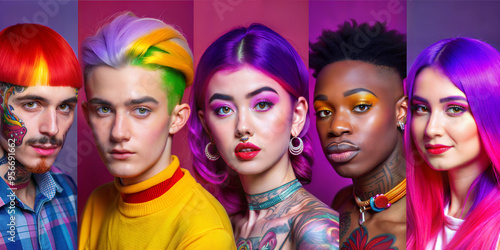 Collage of young multiethnic people with tattoo, piercing and colorful hairs on purple background. Queer people