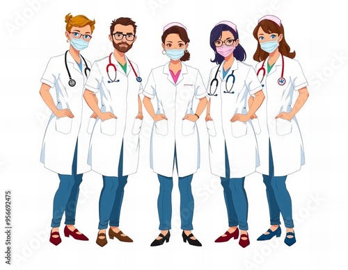 a group of doctors in white coats and masks standing together.