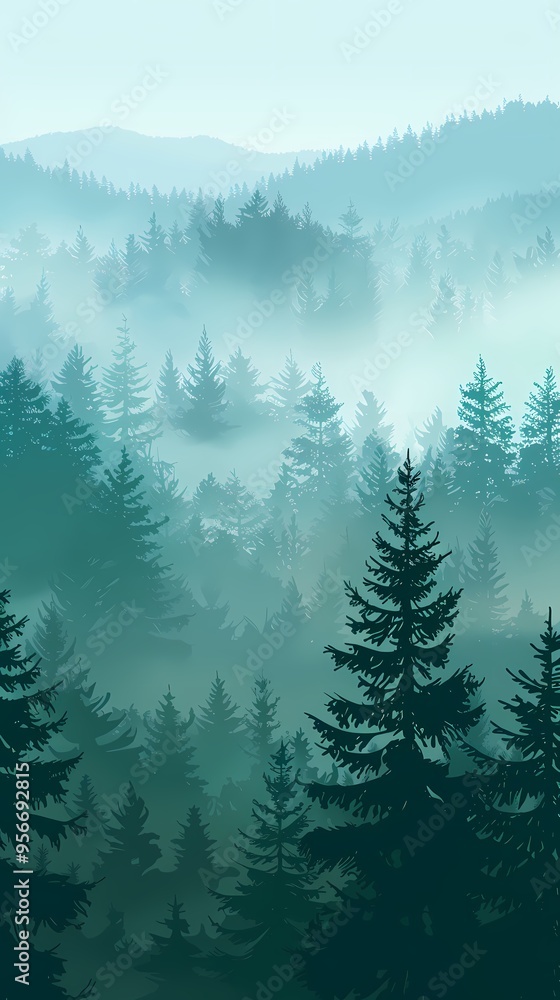 Fototapeta premium Forest foggy illustration poster background 