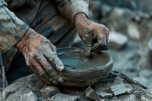 Generative AI photo craftsman shaping clay pot on spinning wheel in pottery studio surrounded by ceramic pieces