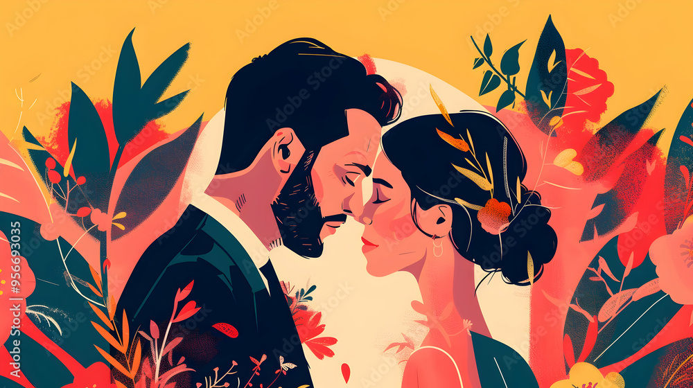 modern cool wedding poster illustration of a couple, generative ai technology modern cool wedding poster illustration of a couple, generative ai technology