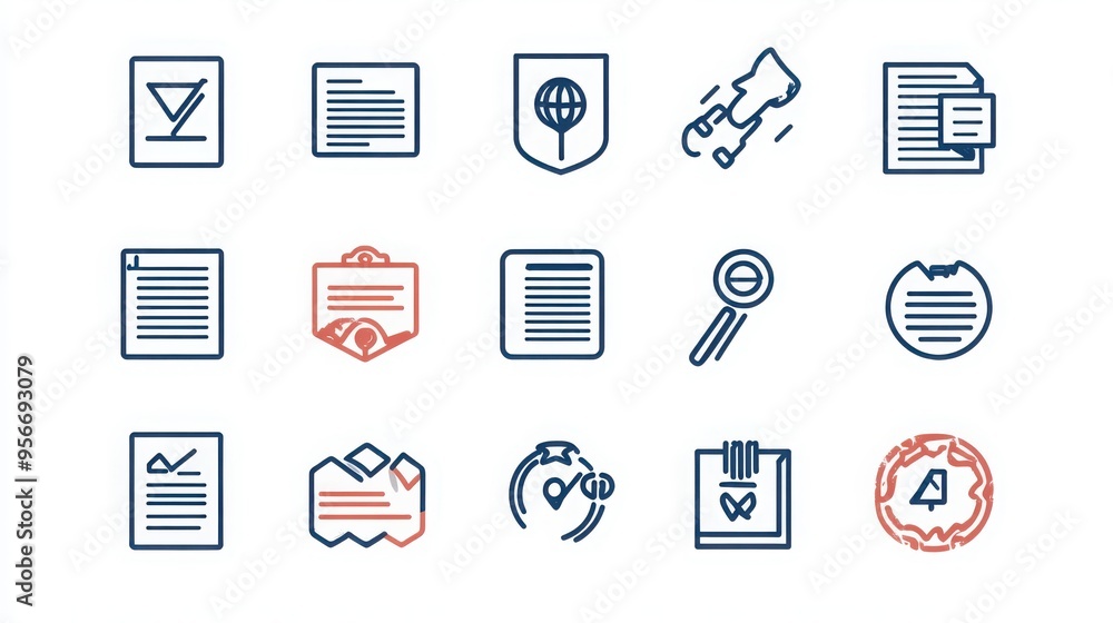 Legal and Compliance thin line icon set. Containing contract, legal document, compliance, NDA, intellectual property, trademark, patent, copyright, business license, regulation. Legal and Compliance thin line icon set. Containing contract, legal document, compliance, NDA, intellectual property, trademark, patent, copyright, business license, regulation.