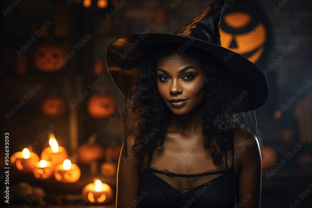 Generative AI image of adorable child in witch costume on halloween festival lights dark background Generative AI image of adorable child in witch costume on halloween festival lights dark background