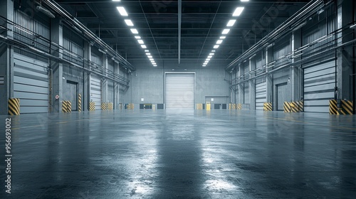 Empty modern warehouse with concrete floor and bright lighting