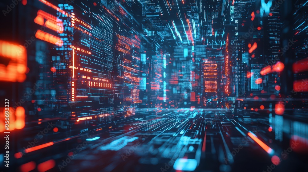Futuristic Data Stream in 3D Illustration Featuring Cyberpunk Data Transfer and Blockchain Technologies Futuristic Data Stream in 3D Illustration Featuring Cyberpunk Data Transfer and Blockchain Technologies