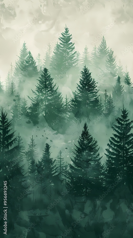 Obraz premium Forest foggy illustration poster background