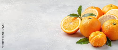 Freshly picked oranges and mandarins, vibrant orange hues, lush green leaves, sliced citrus revealing juicy segments, arranged appealingly on a light textured background. photo