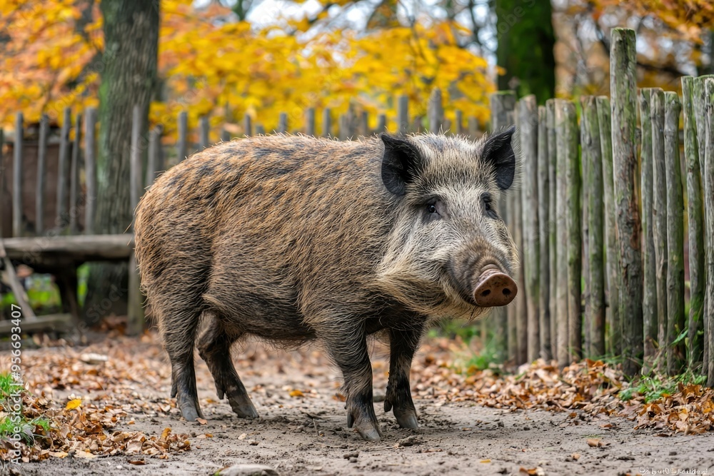 Wild Boar Walking Through Fall Leaves Near Wooden Fence Wild Boar Walking Through Fall Leaves Near Wooden Fence