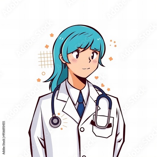 anime character of a female doctor with blue hair and a stethoscope.