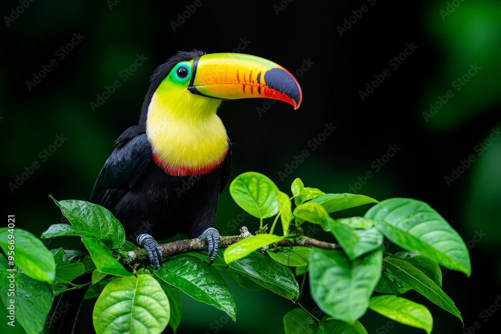 A vibrant toucan perched on a branch surrounded by lush green leaves, showcasing its colorful beak and striking features. A vibrant toucan perched on a branch surrounded by lush green leaves, showcasing its colorful beak and striking features.