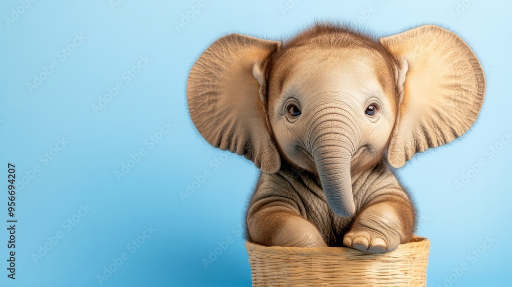 Adorable baby elephant sitting in a basket against a blue background, showcasing its playful and curious nature. Adorable baby elephant sitting in a basket against a blue background, showcasing its playful and curious nature.