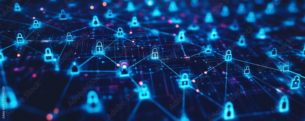 Obraz premium Digital Network Security and Protection, Complex Cybersecurity Connections with Padlocks