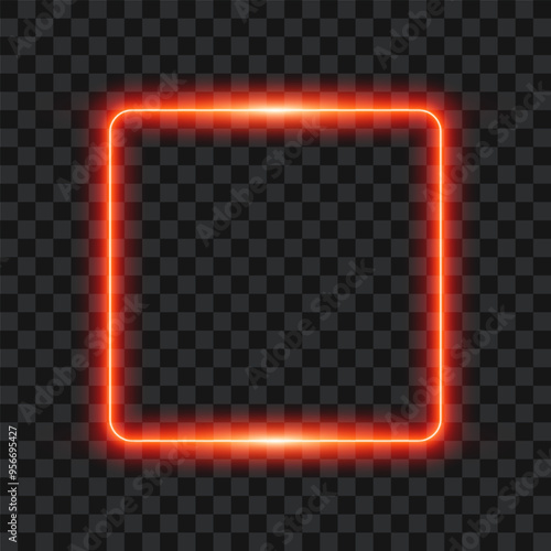 Red neon square, glowing effect border on transparent background, vector illustration.
