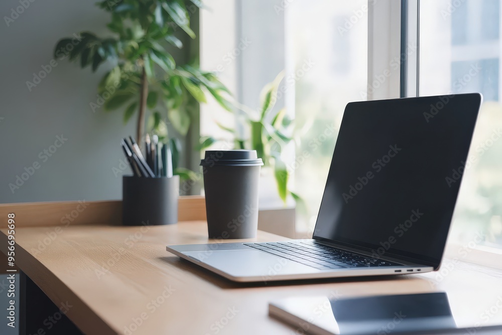 Modern home office setup with laptop and minimalist design. Modern home office setup with laptop and minimalist design.