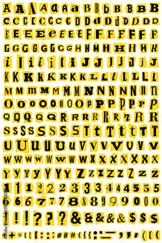 Ransom Letters Collage Cut Out Vector Alphabet. Blackmail Ransom Kidnapper Anonymous Note Font. Latin Letters, Numbers and punctuation marks. Criminal yellow and black ransom letters. Compose your own