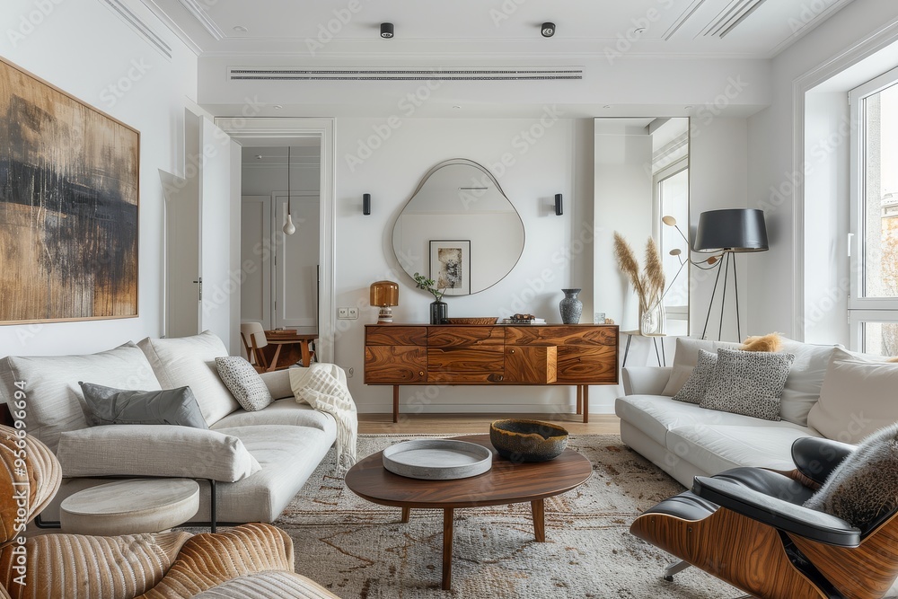 Fototapeta premium Scandinavian-style living room with white walls, featuring an elegant blue-gray and walnut wood sideboard, contemporary furniture, including a sofa, coffee table, dining chairs, floor lamp, mirror