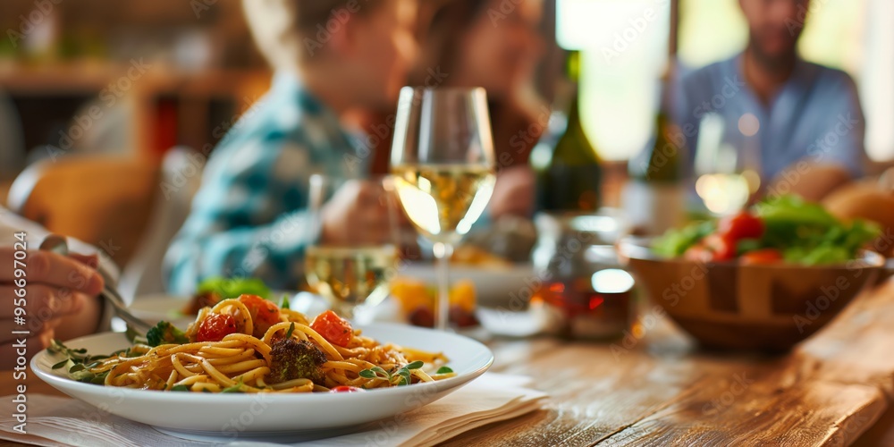 A family shares a meal of pasta at a dining table, enjoying quality time together in a warm and inviting atmosphere, highlighting the joy and connection of family moments. A family shares a meal of pasta at a dining table, enjoying quality time together in a warm and inviting atmosphere, highlighting the joy and connection of family moments.