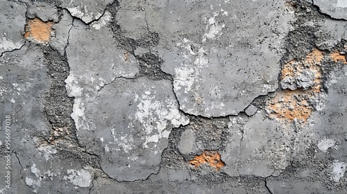 Cracked and Peeling Gray Concrete Wall with Patches of Orange and White