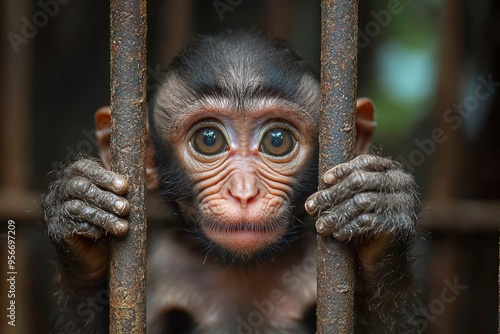 Young Monkey Trapped Behind Bars, Gazing Outwards