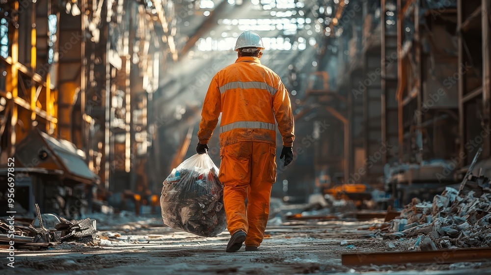 Worker in protective gear walking through industrial site Worker in protective gear walking through industrial site