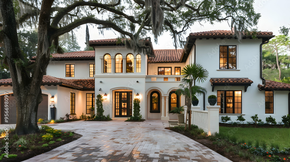 front view of beautiful modern white spanish style home with black windows and dark brown roof, paver driveway in florida during summer with trees, high resolution photography front view of beautiful modern white spanish style home with black windows and dark brown roof, paver driveway in florida during summer with trees, high resolution photography