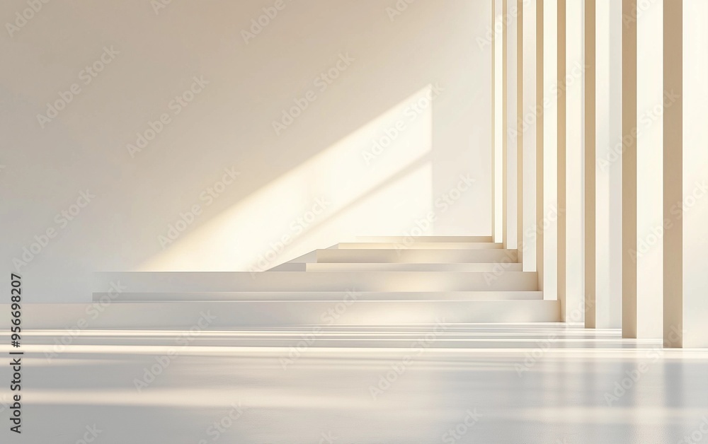 Fototapeta premium Minimalist Abstract White Background with Soft Shadows and Light Reflections, Ideal for Product Display or Advertising Backdrop in a Studio Setting