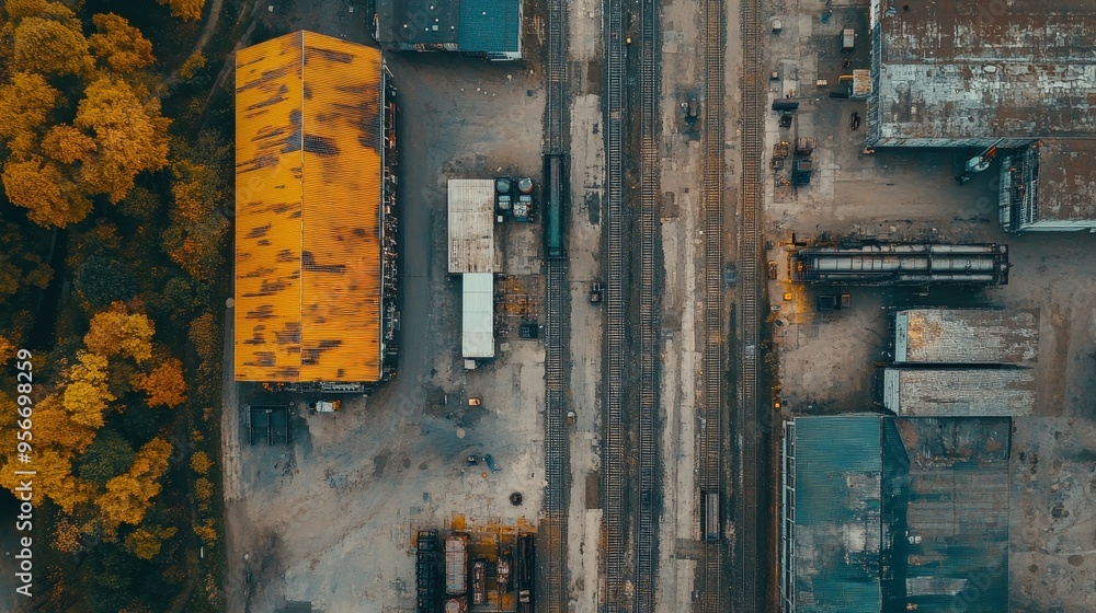 Aerial view of an industrial area featuring warehouses, tracks, and autumn foliage. Aerial view of an industrial area featuring warehouses, tracks, and autumn foliage.