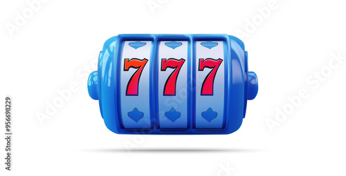  Vector illustration of a slot machine reel displaying triple sevens in blue and red colors, symbolizing a jackpot win in gambling. Perfect for concepts related to luck, gaming, and casinos.