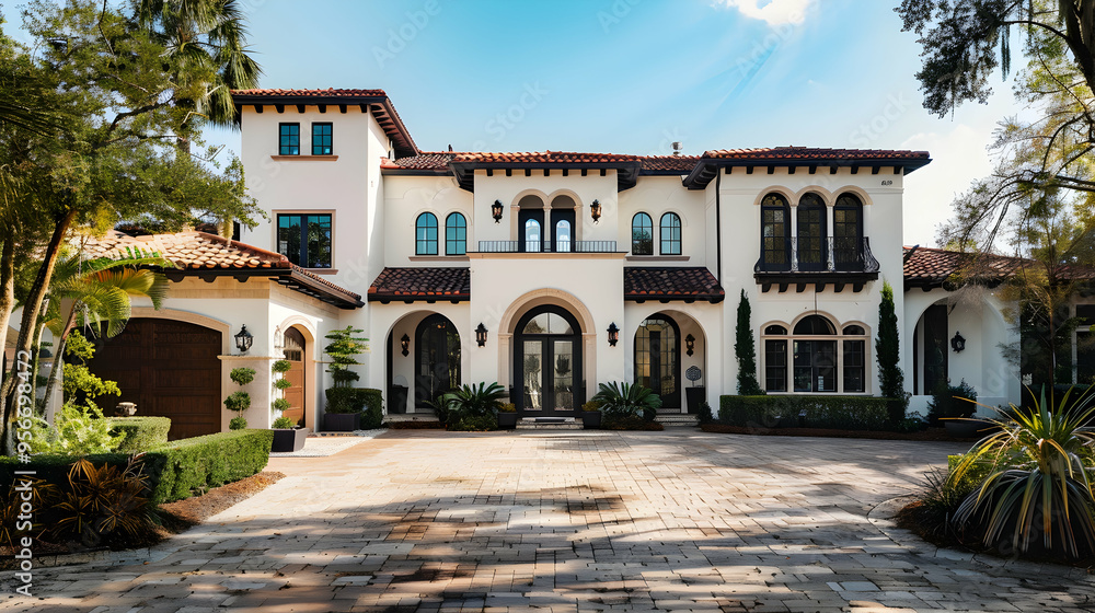 front view of beautiful white and black Spanish style home with dark brown accents, paver driveway, cinematic, Nikon D850 front view of beautiful white and black Spanish style home with dark brown accents, paver driveway, cinematic, Nikon D850