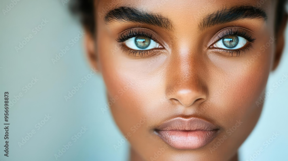 Fototapeta premium Person with a neutral expression, a touch of surprise in their charismatic eyes, soft shadows, detailed close-up, gentle lighting, serene mood