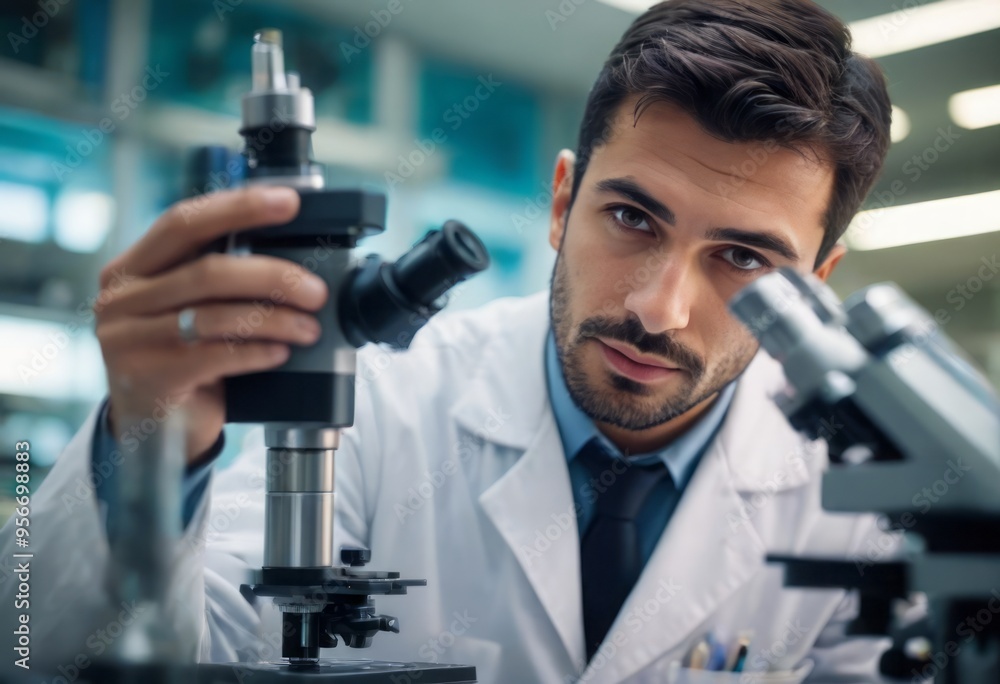 A scientist carefully examining a sample under a microscope in a laboratory, demonstrating focus and precision. A scientist carefully examining a sample under a microscope in a laboratory, demonstrating focus and precision.