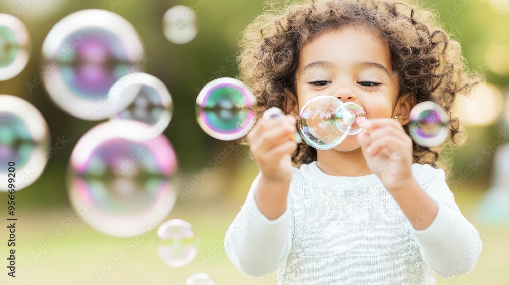 Happy child blowing bubbles in a park, eyes sparkling with delight, the scene radiating pure joy and an infectious cheerful energy Happy child blowing bubbles in a park, eyes sparkling with delight, the scene radiating pure joy and an infectious cheerful energy