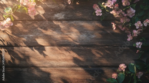 Soft shadows of pink flowers on rustic wooden surface for natural decor and design inspiration. photo