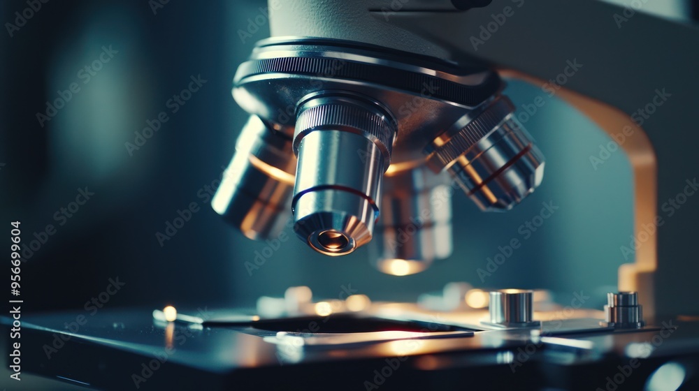 Microscope Close-Up Modern Medical Research with Metal Lenses. Microscope Close-Up Modern Medical Research with Metal Lenses.