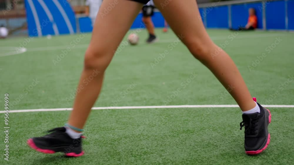Unrecognisable child playing basketball on the field. Feet closeup of player's feet bouncing the ball. Unrecognisable child playing basketball on the field. Feet closeup of player's feet bouncing the ball.
