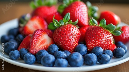 Fresh Strawberries and Blueberries on a Plate