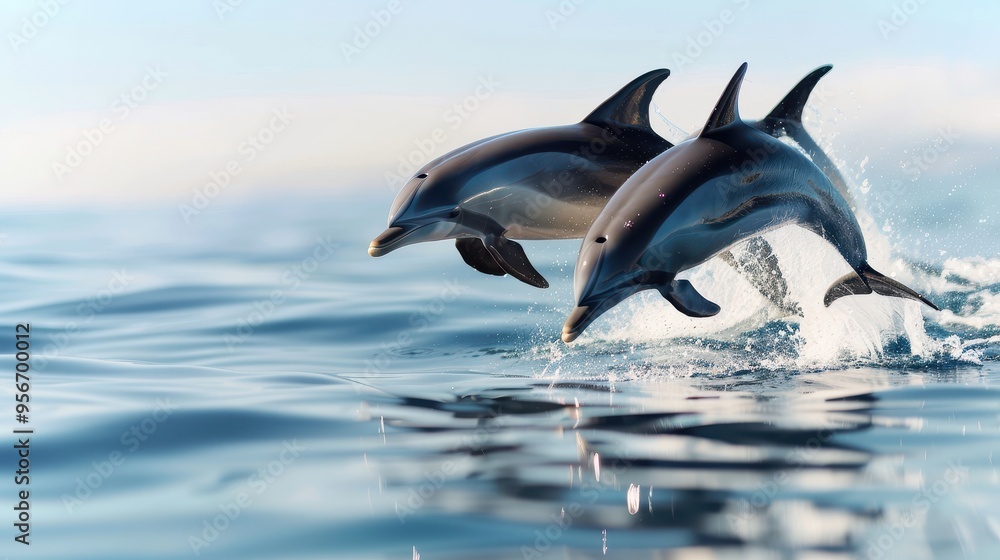 Obraz premium Dolphin Duo Dancing in Ocean Waves, two dolphins leaping gracefully from shimmering water, capturing the joy and playfulness of marine life under a clear sky