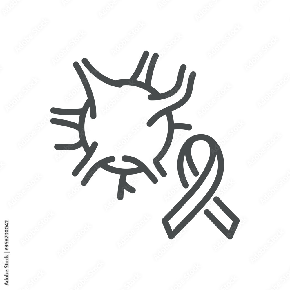 Cancer Awareness Icon. Simple Line Illustration of a Cancer Cell and Awareness Ribbon, Symbolizing Oncology and Support for Cancer Patients.
Cancer Awareness Icon. Simple Line Illustration of a Cancer Cell and Awareness Ribbon, Symbolizing Oncology and Support for Cancer Patients.