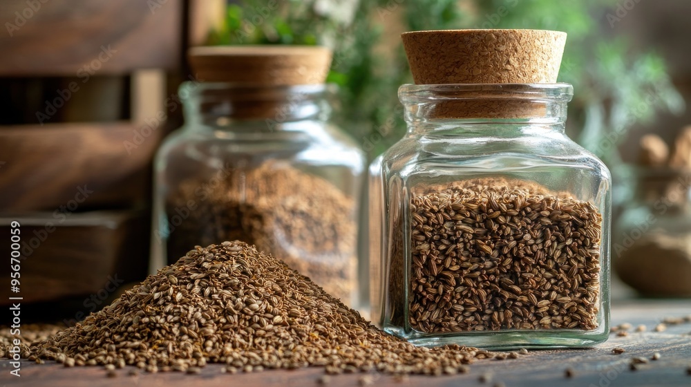 Fennel Seeds in Glass Jars on Wooden Tabletop Fennel Seeds in Glass Jars on Wooden Tabletop