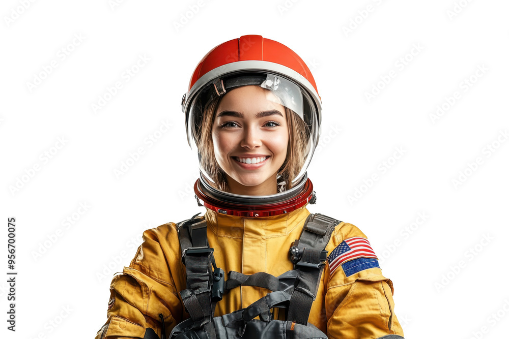Front view portrait of a cheerful American female astronaut, set against a white transparent PNG cutout backdrop, professionally lit with a softbox for a polished look. Front view portrait of a cheerful American female astronaut, set against a white transparent PNG cutout backdrop, professionally lit with a softbox for a polished look.