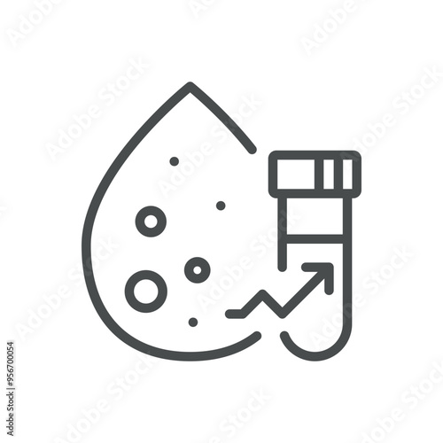 Cholesterol Level Monitoring Icon. Simple Line Illustration of a Blood Drop with a Test Tube and Upward Arrow, Symbolizing Health Check and Cholesterol Management.