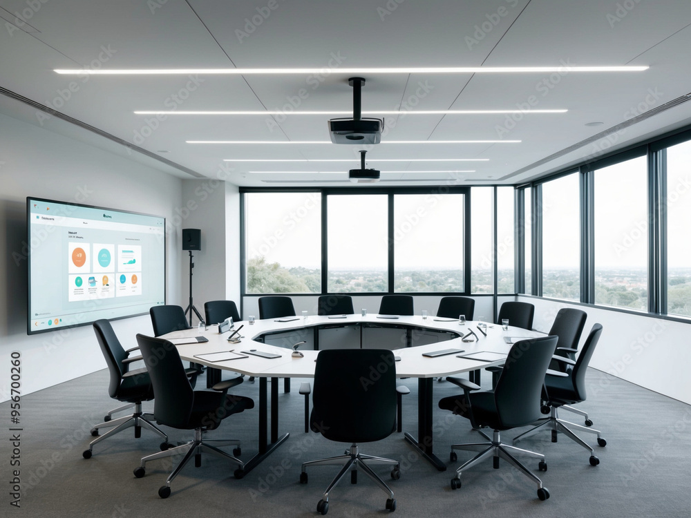 A futuristic conference room with curved, chrome-accented furniture A futuristic conference room with curved, chrome-accented furniture
