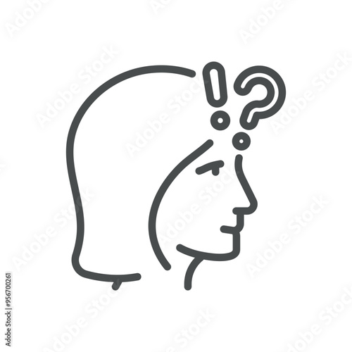 Memory Problems Icon. Simple Line Illustration of a Female Head with Exclamation and Question Marks, Representing Cognitive Issues and Forgetfulness.
