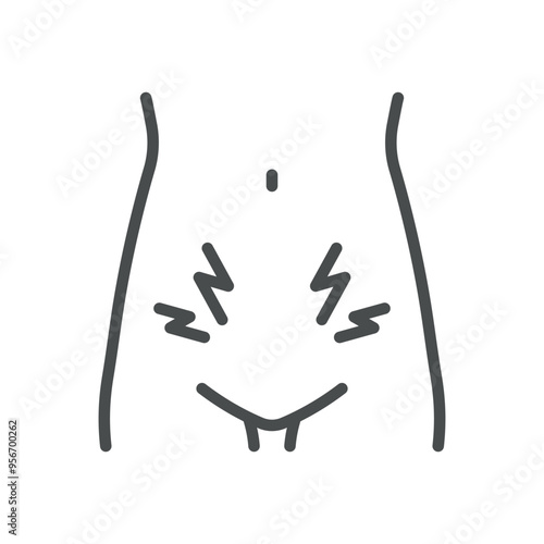 Lower Abdominal Pain Icon. Simple Line Illustration of a Female Torso with Pain Symbols, Representing Pelvic Pain and Gynecological Issues.