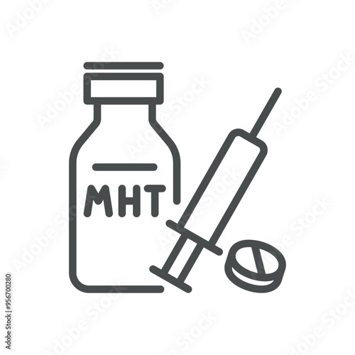 Menopause Hormone Therapy Icon. Simple Line Illustration of a Medicine Bottle with MHT Label, Syringe, and Tablet, Representing Hormonal Treatment for Menopausal Symptoms.
