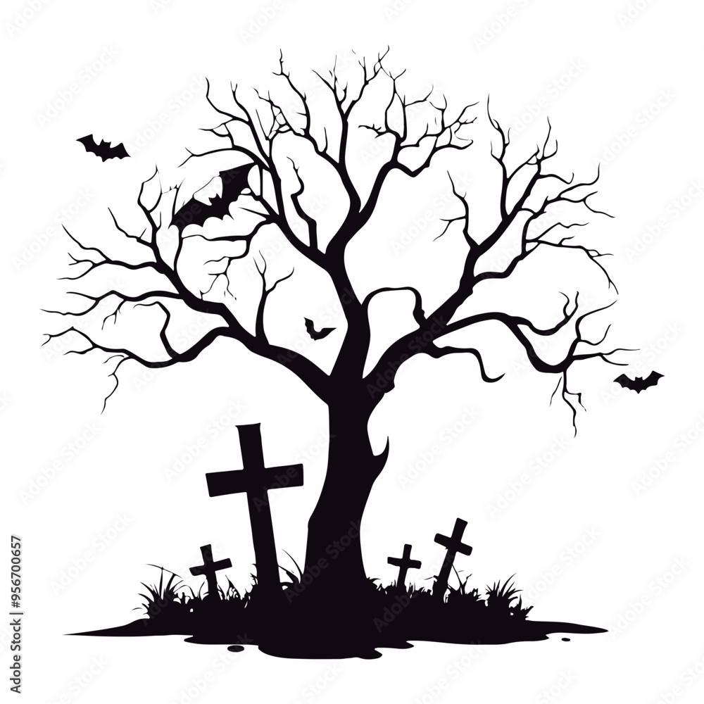 Halloween tree silhouette. Scary day. Isolated in white background.
