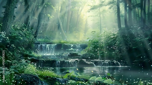 Enchanted Forest: Tranquil River and Waterfall in Lush Greenery