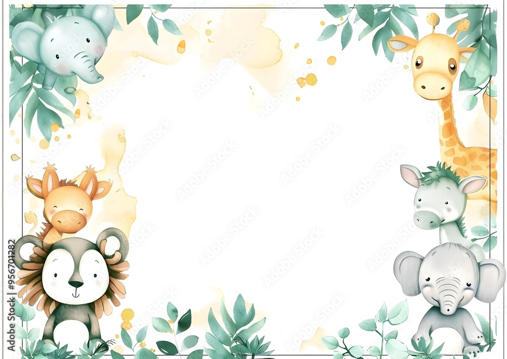Naklejka premium Watercolor frame with cute animals and floral elements for invitation or greeting card. Template for quotes, and greetings cards