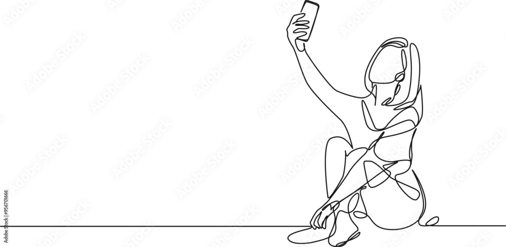 continuous single line drawing of young woman sitting on floor taking selfie, line art vector illustration continuous single line drawing of young woman sitting on floor taking selfie, line art vector illustration